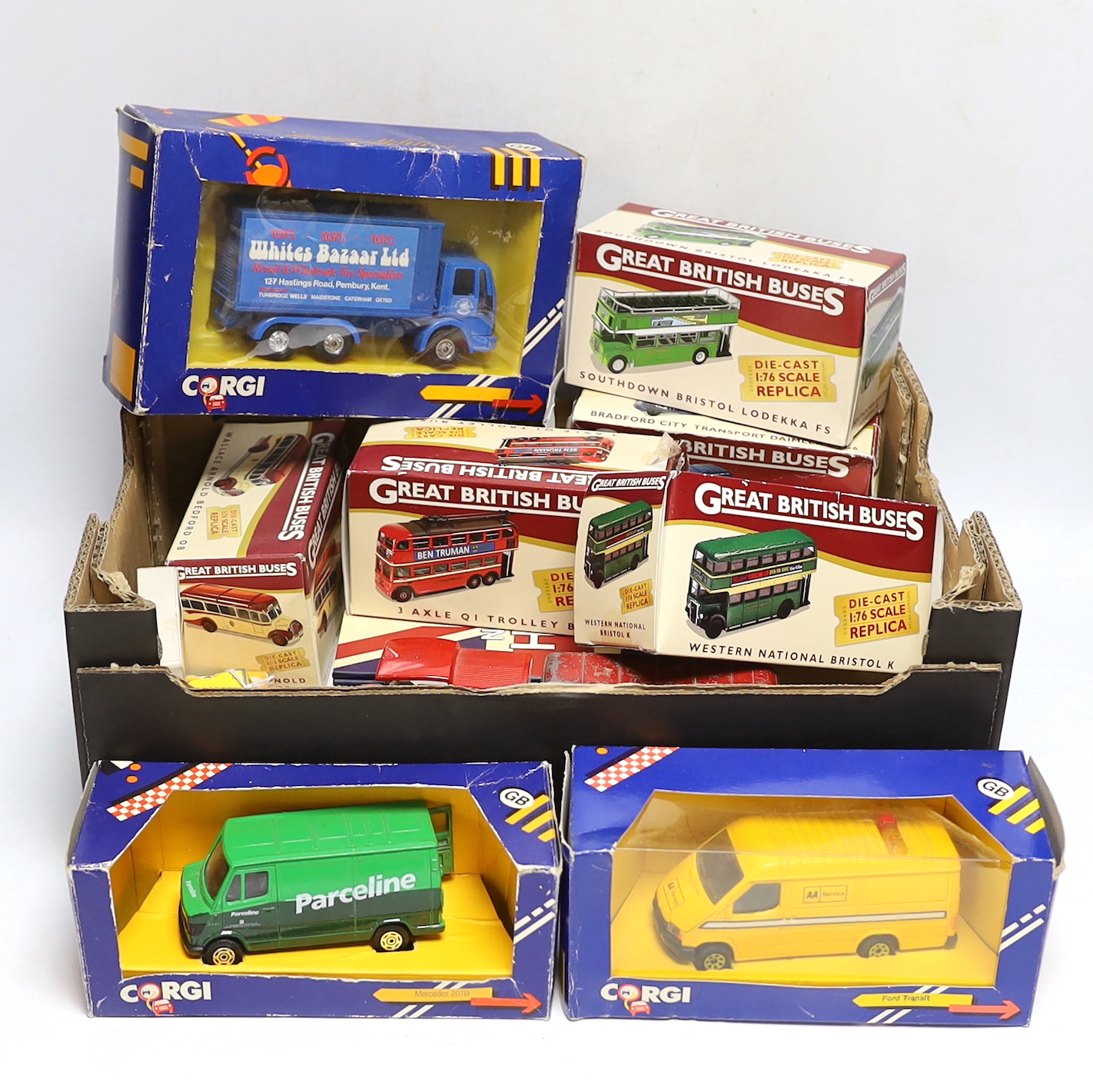 A quantity of boxed model cars, including Great British Buses, Corgi and Dinky